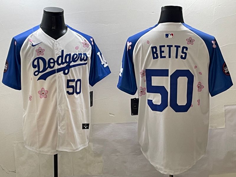 Men Los Angeles Dodgers 50 Betts White Blue Sakura Edition 2025 Nike MLB Jersey style 8